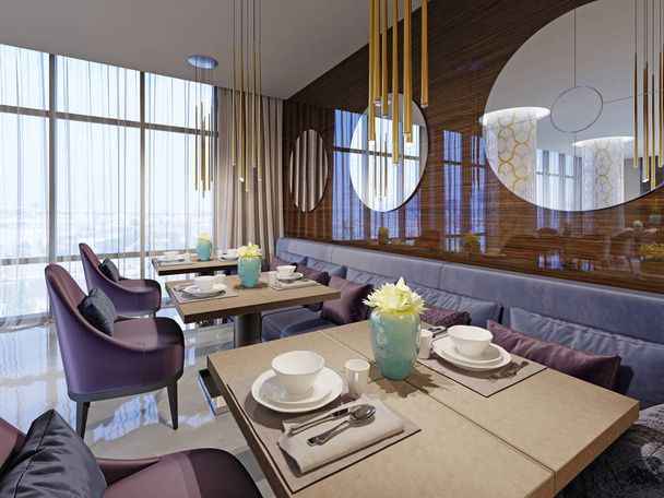 Restaurant-Interieur, Teil eines Hotels, Wand mit runden Spiegeln. 3D-Darstellung - Foto, Bild