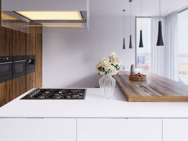 Technologische moderne keuken in een minimalistische stijl met een nieuwe generatie van apparaten. Kookplaat, verlichte glazen kap, plafond verlichting, bar countertops, stoelen en d? cor. 3d render - Foto, afbeelding