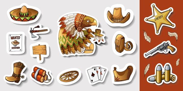 Western wild west art stickers set. Gun, bullets, dynamite and many other items - Vector, Image