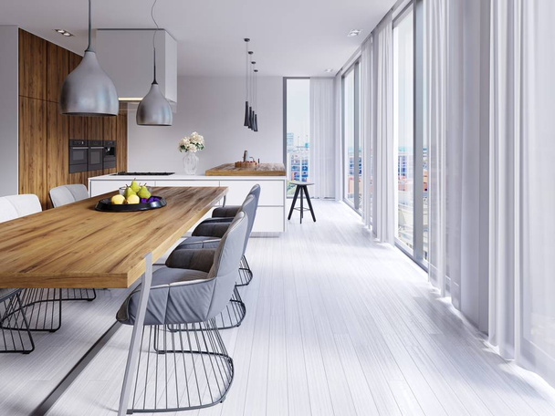 Güzel beyaz yemek odası büyük ve tasarımcı sandalye ile. 3D render - Fotoğraf, Görsel