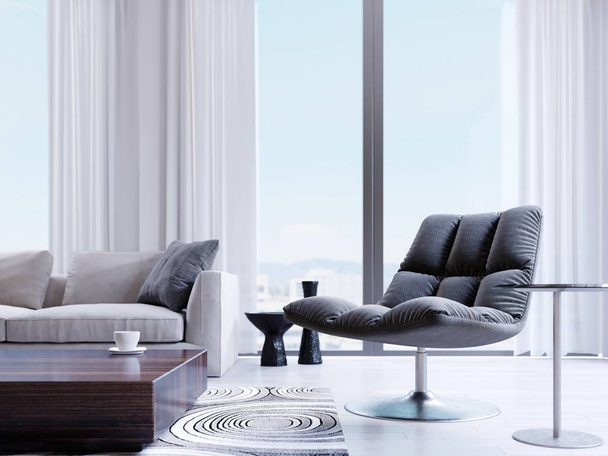 Designer cadeira preta pela janela em um interior moderno. profundidade do efeito de campo. Renderização 3d
 - Foto, Imagem