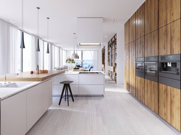 Bright kitchen contemporary style overlooking the living. White and wooden facade. Built-in appliances and designer hoods. Suspended lamps on a massive countertop bar. White parquet. 3d rendering. - Photo, Image