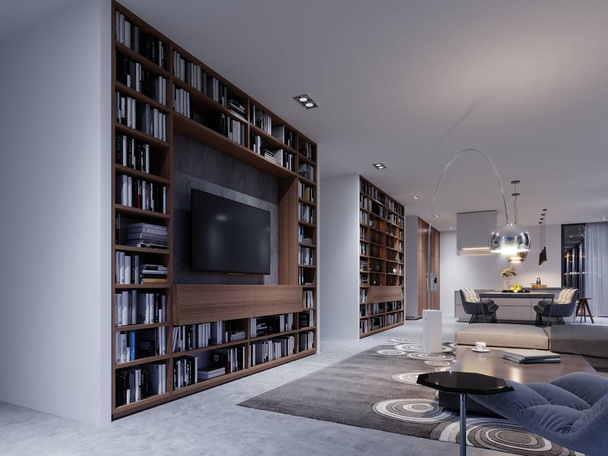Ruime woonkamer met grote slaapbank in een luxe appartement. 3D-rendering - Foto, afbeelding