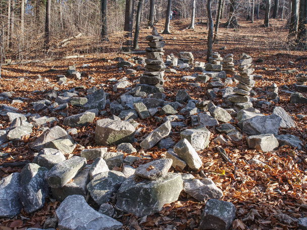 Éles kövek halmozott őszi erdőben. Hangulatos őszi reggeli séta a parkban. - Fotó, kép