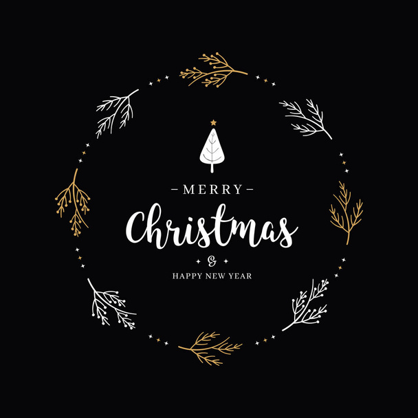 Merry Christmas greeting text branch circle black background  - Vecteur, image