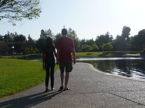 вид сзади пары в парке на озере
 - Фото, изображение
