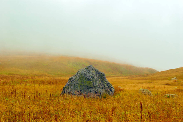 enorme granieten boulder liggen midden in een herfst alpine weiland op een bergpas beschut door lage wolken - Foto, afbeelding