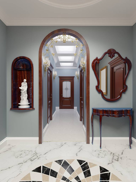 Luxusní byt hall v klasickém stylu s hnědá nábytku a modrými stěnami. Dekorativní výklenky ve zdi s soška. 3D vykreslování. - Fotografie, Obrázek