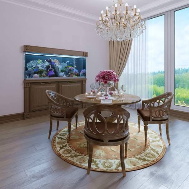 lujo interior blanco pared y muebles marrón silla clásico comedor estilo, lámpara de araña clásica. renderizado 3d
 - Foto, Imagen