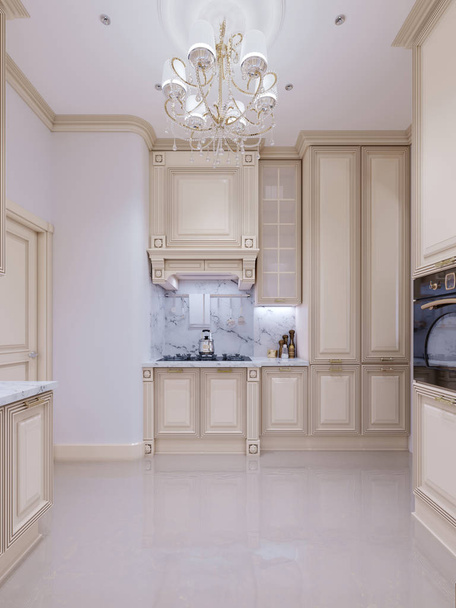Beige keuken in een klassieke moderne stijl in het nieuwe huis. 3D-rendering - Foto, afbeelding