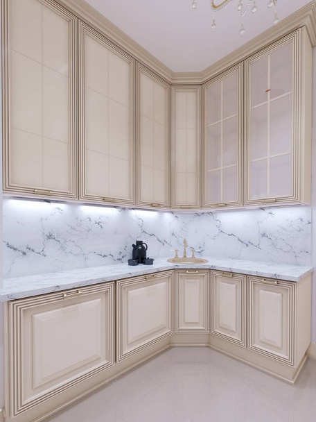 Бежевая кухня в классическом современном стиле в новом доме. 3d-рендеринг
 - Фото, изображение