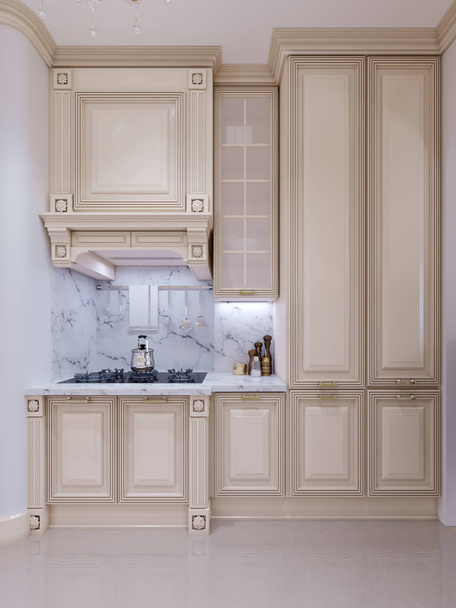 Klasické kuchyně, skandinávské minimální design interiéru s dřevěnými detaily, vykreslování 3d objektů - Fotografie, Obrázek
