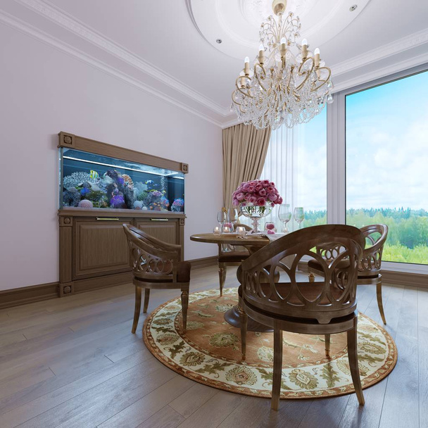 Luxusní klasický interiér jídelna, kuchyň a obývací pokoj s hnědou nábytkem a křišťálovými lustry. 3D vykreslování - Fotografie, Obrázek