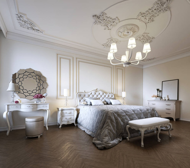 Slaapkamer interieurontwerp in een moderne klassieke stijl. 3D-rendering - Foto, afbeelding