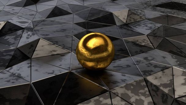 Futuristic, abstract image of the polygons are black, rusty metal, breaks, cracks and bends, reflections and shadows on jagged surfaces. Golden ball with the rust spots in the centre, close-up. 3D rendering. - Photo, image