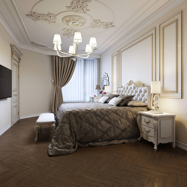 Urban współczesnych nowoczesnych tradycyjnych sypialnia wnętrza w stylu klasycznym z beżem ścian, eleganckie meble i pościel. renderowania 3D - Zdjęcie, obraz