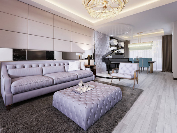 luxuriöses Wohnzimmer im modernen Stil mit einem gesteppten Sofa, einem Sessel und einem weichen kleinen Tisch und einem Kronleuchter. Essbereich und schwarzes Klavier auf dem Marmorpodest. Lampentisch vorhanden. 3D-Darstellung. - Foto, Bild