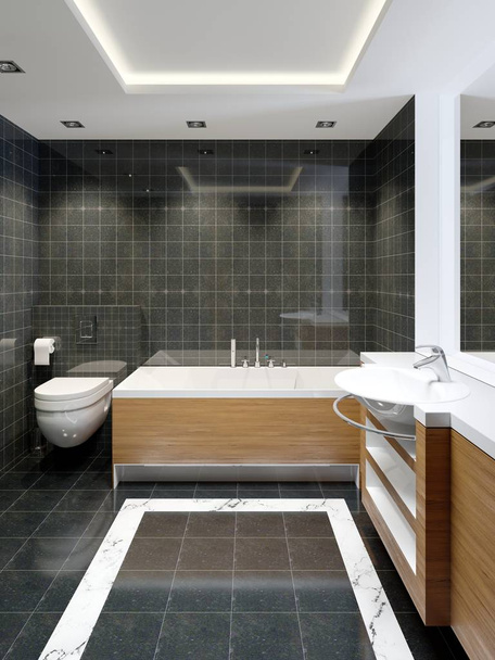 モダンな bleack、黒大理石のシャワーのタイル張りバスルームの白いデザイナー。3 d レンダリング - 写真・画像