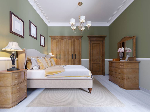 オリーブの壁、大きな窓、木製の家具とクラシック モダンなベッドルーム。3 d レンダリング - 写真・画像