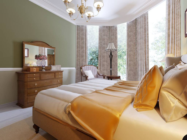 klassieke slaapkamer met Opmaakset kussens en een lamp op tafel kant, interieur concept. 3D-rendering - Foto, afbeelding