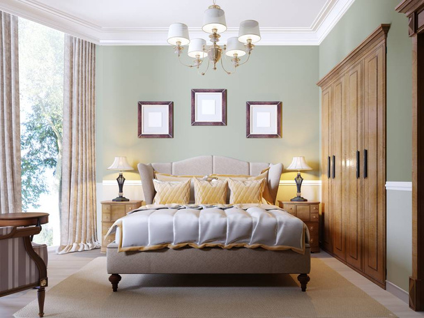 Dormitorio clásico moderno con paredes de olivo, ventana grande y muebles de madera. renderizado 3d
 - Foto, Imagen