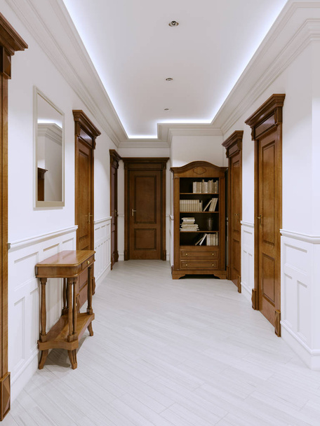 Wnętrze jest klasyczny korytarz z białymi ścianami i panele ścienne oraz drewniane meble i drzwi. renderowania 3D. - Zdjęcie, obraz
