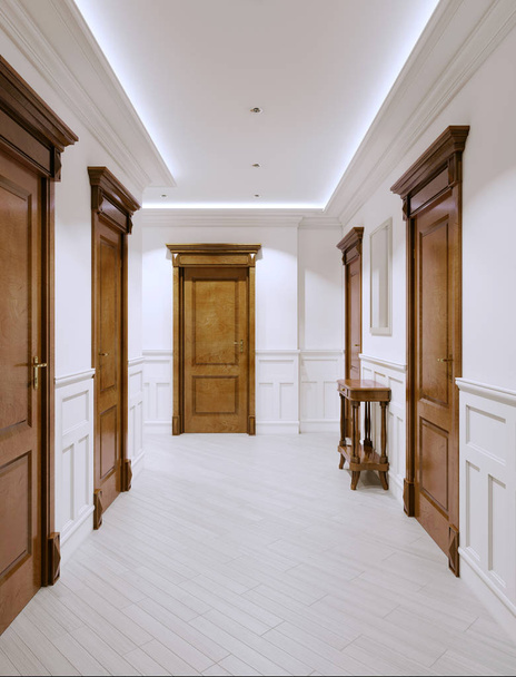 Wnętrze jest klasyczny korytarz z białymi ścianami i panele ścienne oraz drewniane meble i drzwi. renderowania 3D. - Zdjęcie, obraz