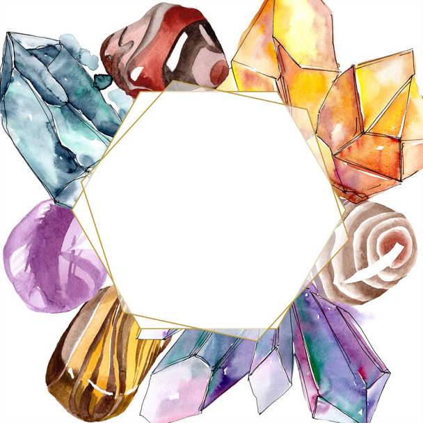 Semiprecious stones on white background. Watercolor background illustration set. Frame crystal. Rock jewelry mineral. - Fotó, kép