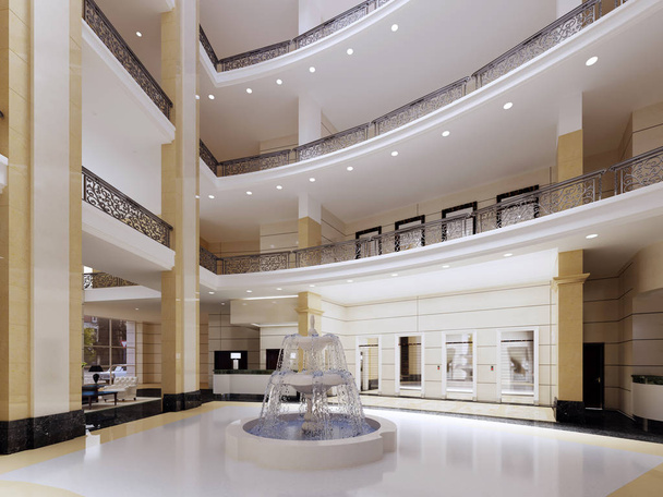 moderne lobby, gang van de luxehotel, winkelcentrum, zakencentrum. Interieur design. 3D-rendering. - Foto, afbeelding