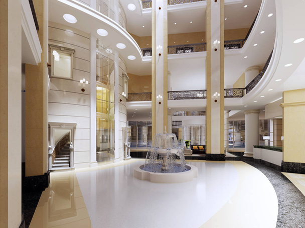 Το εσωτερικό του λόμπι με ένα δεύτερο φως σε ένα σύγχρονο ξενοδοχείο πέντε αστέρων. 3D rendering. - Φωτογραφία, εικόνα