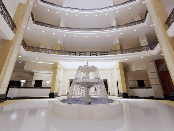 El vestíbulo del hotel de cinco estrellas en un estilo moderno con paredes y pilares de mármol. renderizado 3d
. - Foto, Imagen