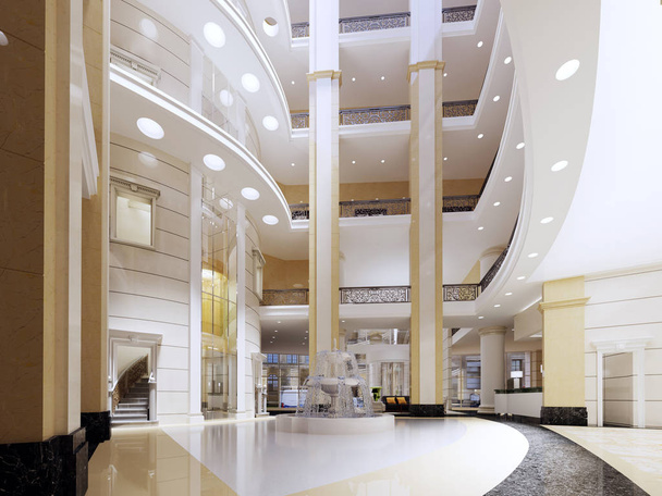 Зал п'ятизіркового готелю в сучасному стилі з мармуровими стінами та стовпами. 3D візуалізація
. - Фото, зображення
