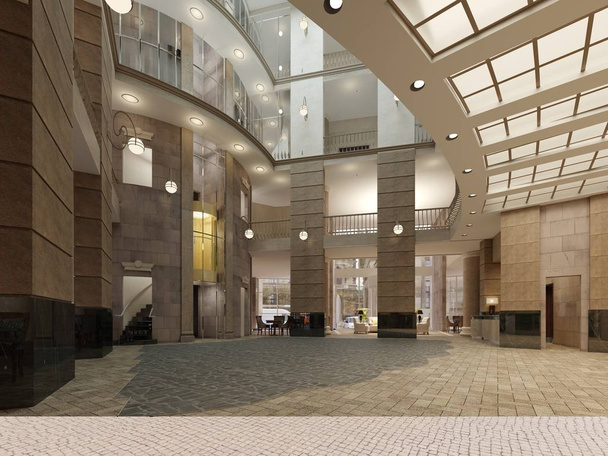 Το εσωτερικό σχέδιο του λόμπι του ξενοδοχείου με ένα μεγάλο πολυώροφο εσωτερικό χώρο. Οι πέτρινες κολώνες, μπαλκόνια και ενδοδαπέδια ανελκυστήρες. 3D rendering. - Φωτογραφία, εικόνα