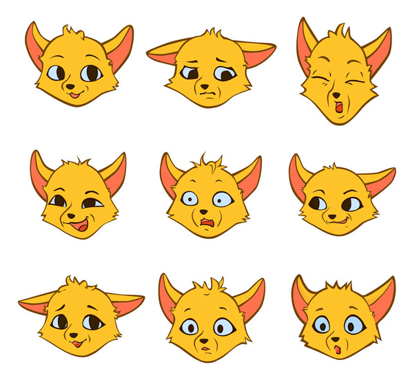 Set cartoon interesting emotions of little yellow fox - Vector, Image