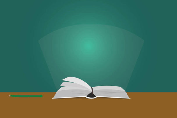 Concepto de negocio de diseño Texto de copia vacío para banners web Plantilla de maqueta de material promocional Páginas de color del vector de libro abierto en la mesa con lápiz y haz de luz Deslumbrante
 - Vector, Imagen
