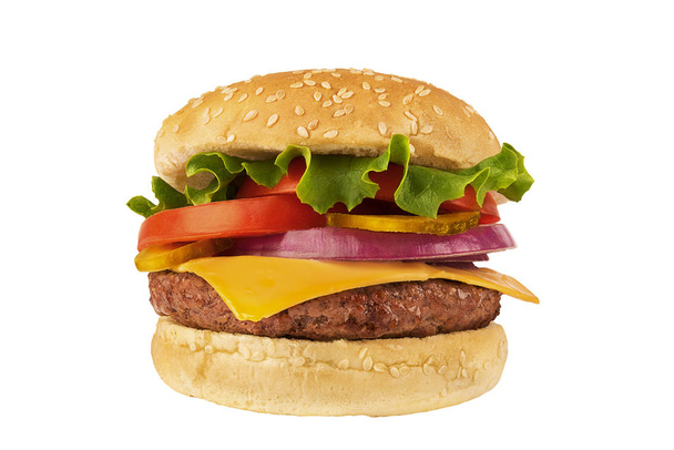 Cheeseburger with beef patty isolated on white background. Real close up. - Фото, изображение
