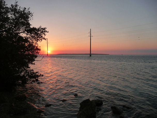 θαλάσσιο τοπίο με ηλεκτρικά καλώδια στο ηλιοβασίλεμα - Φωτογραφία, εικόνα