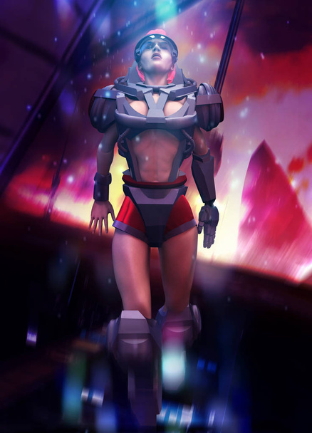 Ilustracja kobiety sci-fi w skafander kosmiczny robota z jetpack i neony pływające w przestrzeni planet przemysłowych tło widok z przodu. - Zdjęcie, obraz
