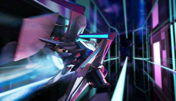 Иллюстрация футуристического неонового цвета научно-фантастического космического корабля, летящего на световом фоне тоннеля с видом сзади от третьего лица
. - Фото, изображение