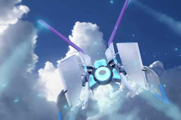 Ilustrace letadel futuristické modro -bílé barevné sci-fi kosmické lodi letící na letní cloudscape pozadí pohled třetí osoby. - Fotografie, Obrázek