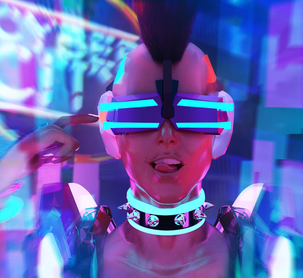 Three dimensional face portrait artwork of a sci-fi cyber punk girl with neon glasses, collar and armor torso on neon city background. - Photo, Image