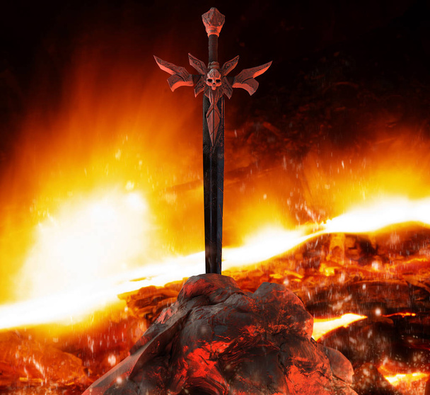 Kompozycji stal demoniczny miecz z czaszki w kamieniu z red fire wyróżnia się na tle inferno ognia. - Zdjęcie, obraz