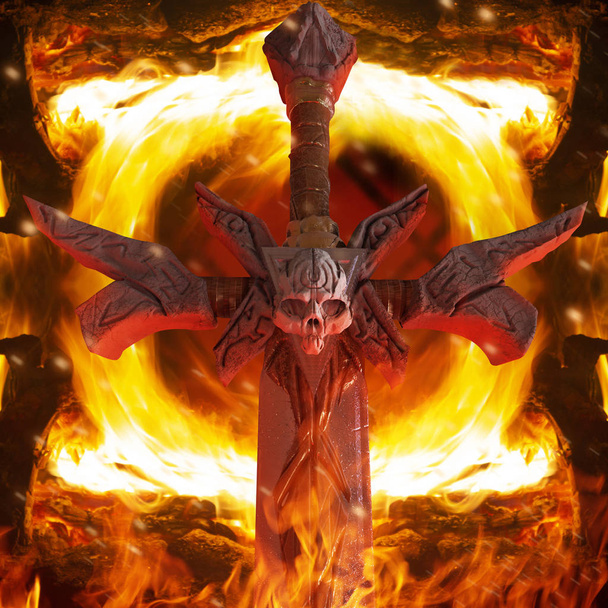 Close up artwork of a steel demon sword with skull on fire heated inferno background. - Foto, Imagen