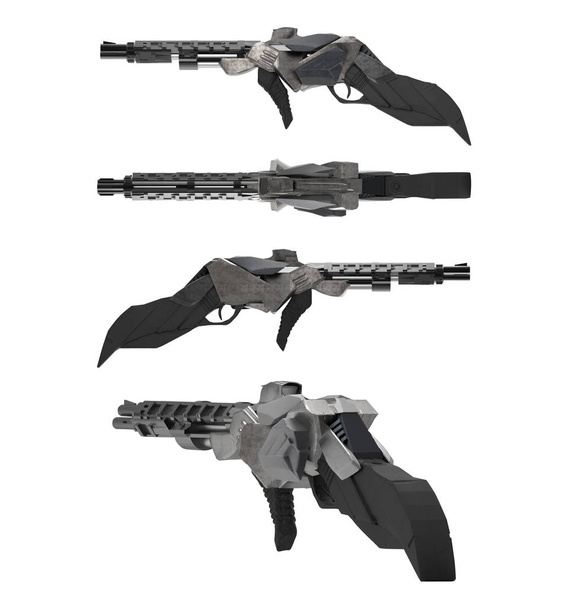Futuristico fucile fantascientifico in metallo con diverse angolazioni isolato su sfondo bianco
. - Foto, immagini