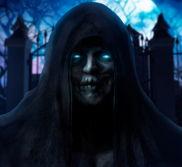 Korkunç azrail hayalet yüz puslu mezarlığı arka plan üzerinde siyah kumaş başlıklı parlayan mavi gözlü. - Fotoğraf, Görsel