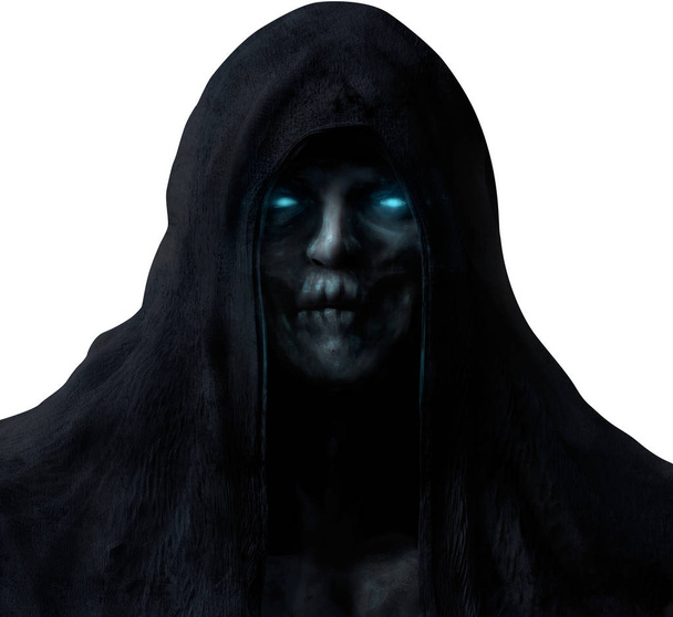 Grim reaper ghost face in black hood with glowing blue eyes isolated on white background. - Foto, Bild