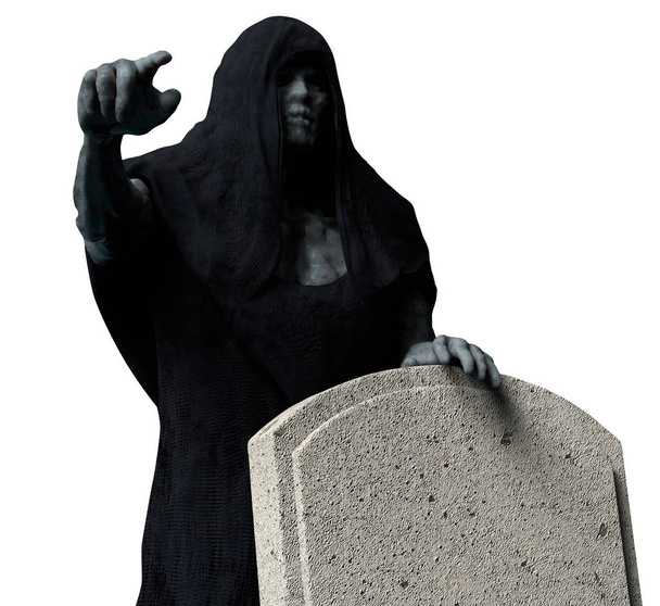 Grim reaper φάντασμα σε μαύρη κουκούλα κρατώντας μια επιτύμβια πλάκα και δείχνοντας βραχίονα που απομονώνονται σε μαύρο φόντο γωνία προβολής. - Φωτογραφία, εικόνα