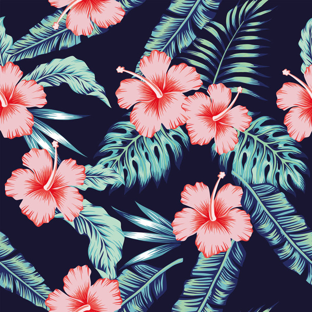 Flowers hibiscus pink monstera palm leaves pattern seamless - Vector, imagen