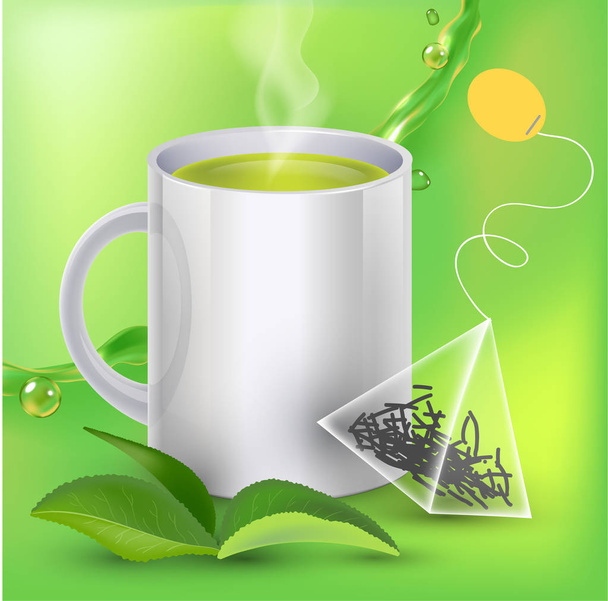 Green tea banner ads with tea leaves, green background with realistic splash of tea and tea bag in 3d illustration - Vector, Imagen