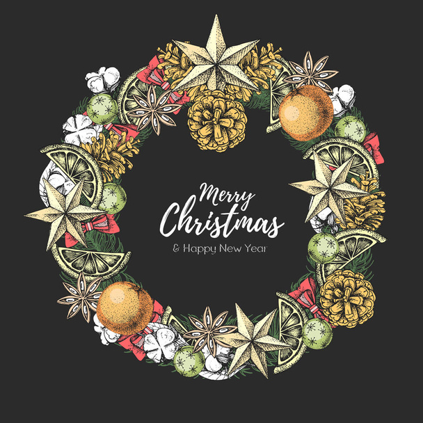 Christmas concept design. Christmas holiday decorative wreath. Hand drawing vector illustration - Vector, Image